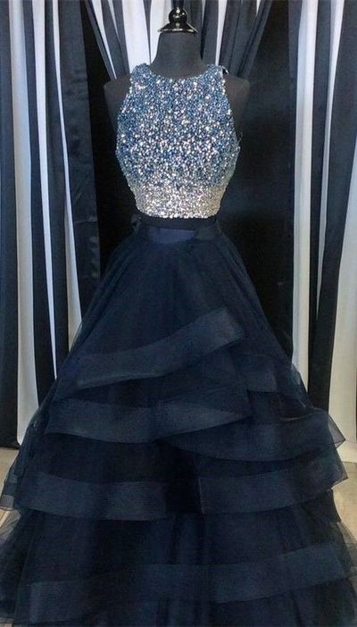 Two Pieces Navy Prom Dress Halter Neckline, Evening Dress, Formal Dresses, Graduation School Party Dance Dress