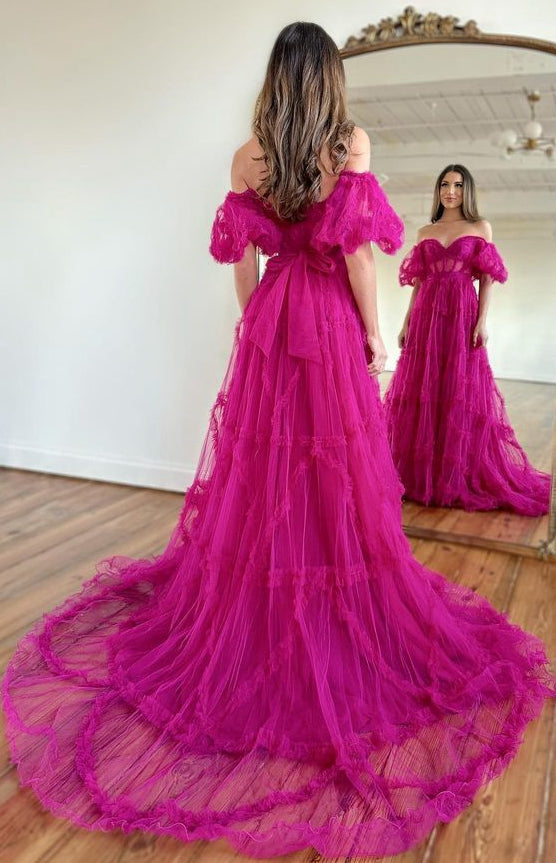 Tulle Long Prom Dresses with Sheer Corset Bodice and Balloon Sleeves
