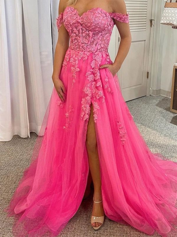 Off the Shoulder Tulle/Lace Long Prom Dress with Slit