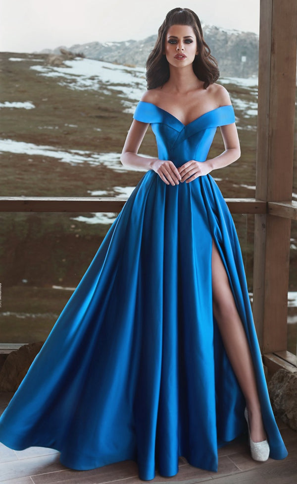 2024 Off the Shoulder Satin Prom Dresses Long with Slit