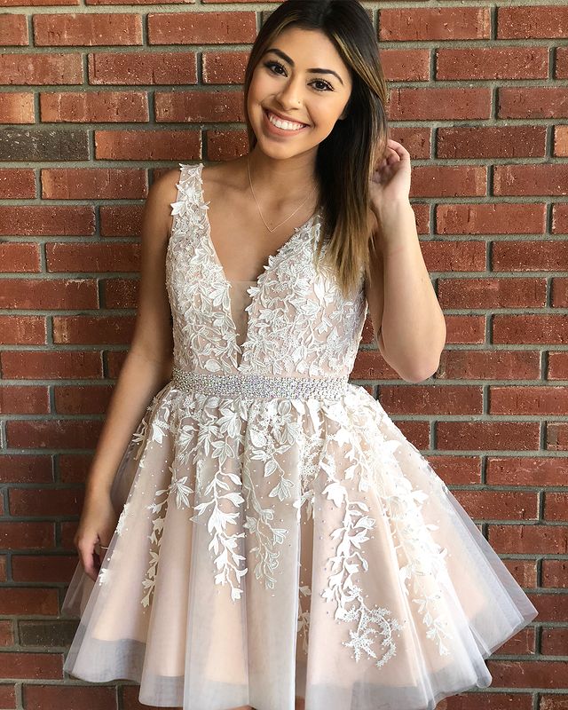 Champagne and Ivory Lace Homecoming Dress , Short Prom Dress, Formal Outfit, Back to School Party Gown