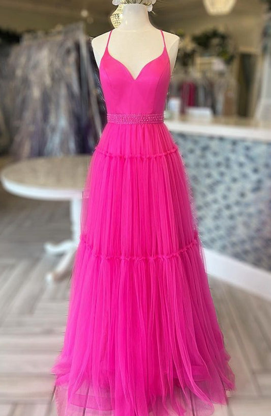 Straps Open Back Tulle Long Prom Dress