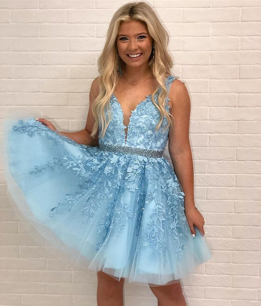 Blue Lace Homecoming Dress , Short Prom Dress, Formal Outfit, Back to School Party Gown
