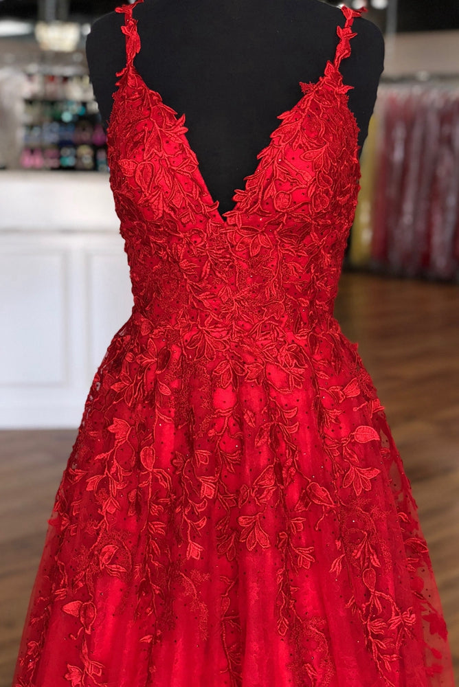 Red V-neck Leaf Lace Prom Dresses Long