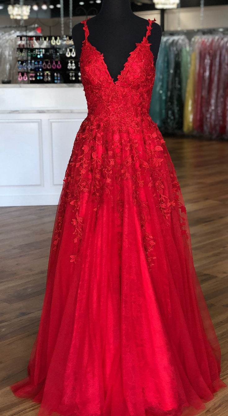 Red V-neck Leaf Lace Prom Dresses Long