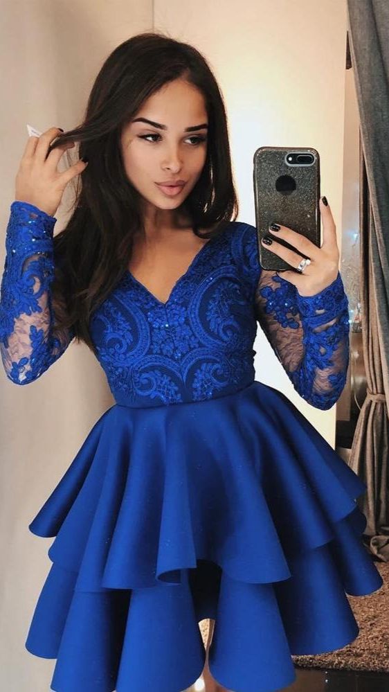 Royal Blue Homecoming Dress Long Sleeves, Short Prom Dress, Graduation School Party Gown
