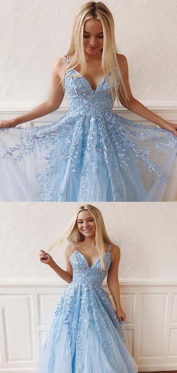 Light Blue Prom Dress with Lace, Prom Dresses, Pageant Dress, Evening Dress, Ball Dance Dresses, Graduation School Party Gown