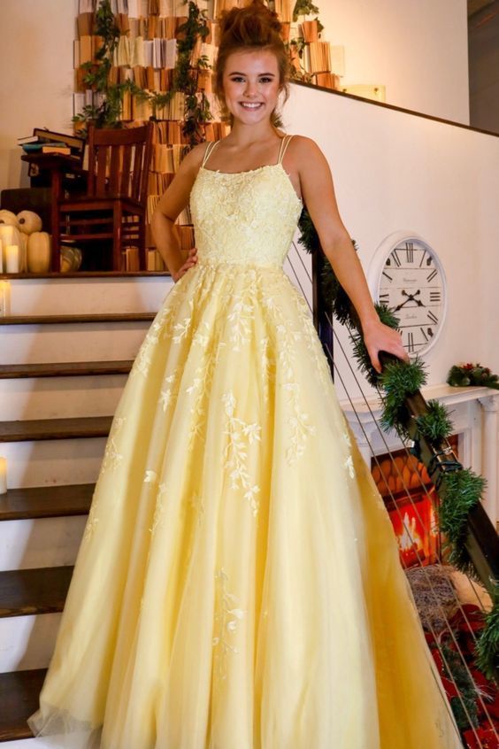 Yellow Lace Prom Dress, Prom Dresses, Pageant Dress, Evening Dress, Ball Dance Dresses, Graduation School Party Gown