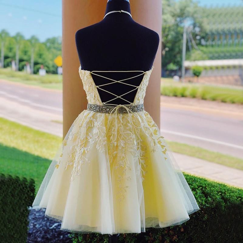 Yellow Homecoming Dress Halter Neckline, Short Prom Dress ,Back To School Party Dress, Evening Dress, Formal Dress