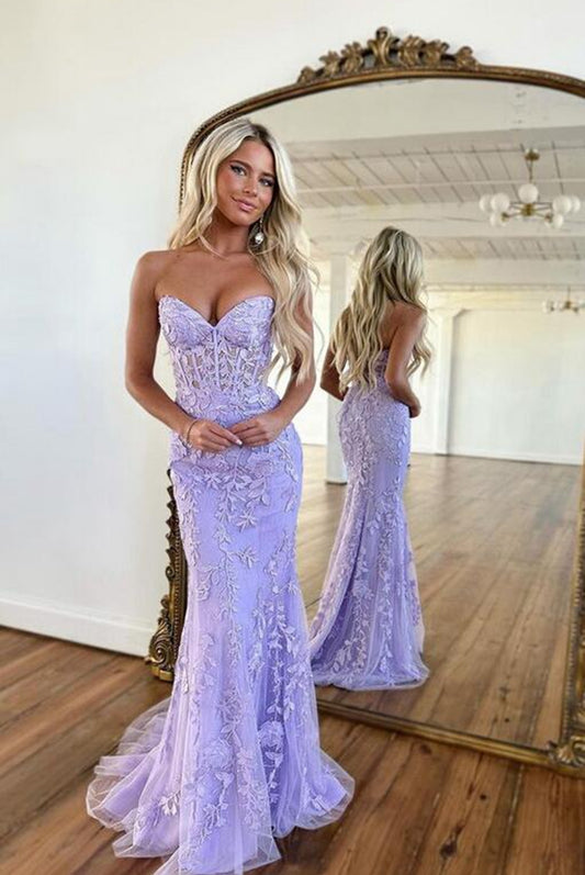Strapless Leaf Lace Long Prom Dress with Corset Bodice