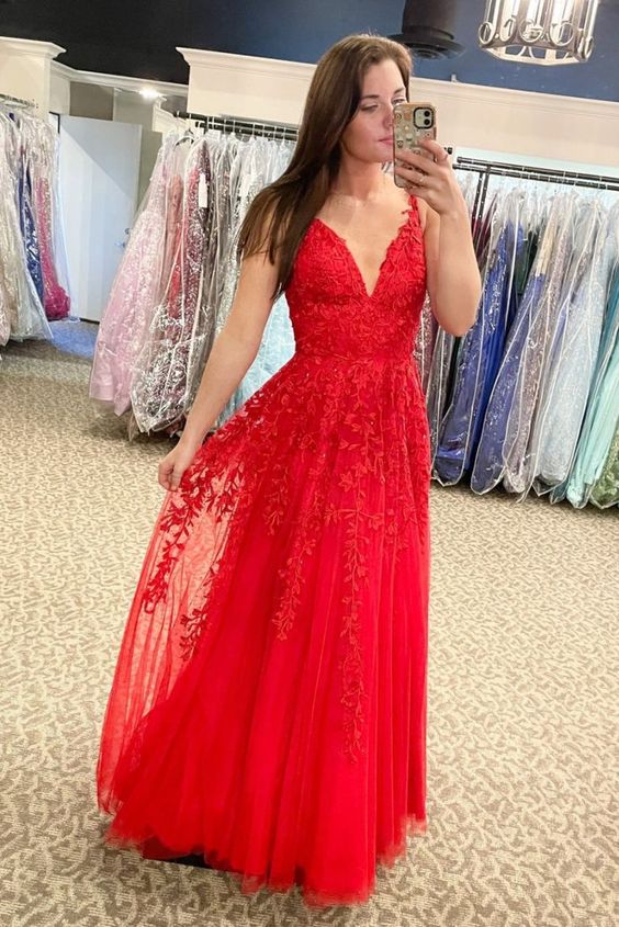 Red Lace Prom Dress, Dance Dresses, Graduation School Party Gown