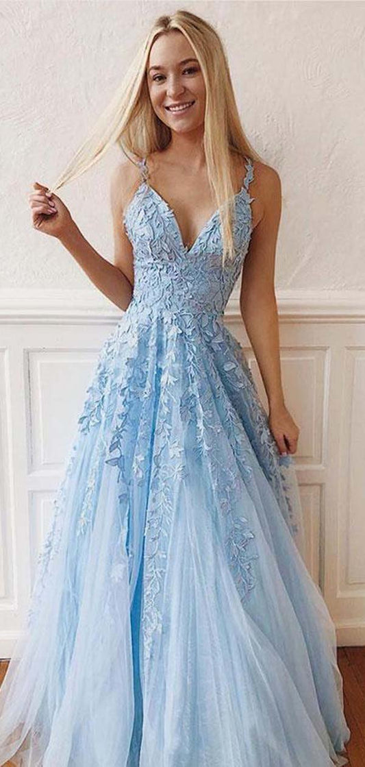 Light Blue Prom Dress with Lace, Prom Dresses, Pageant Dress, Evening Dress, Ball Dance Dresses, Graduation School Party Gown