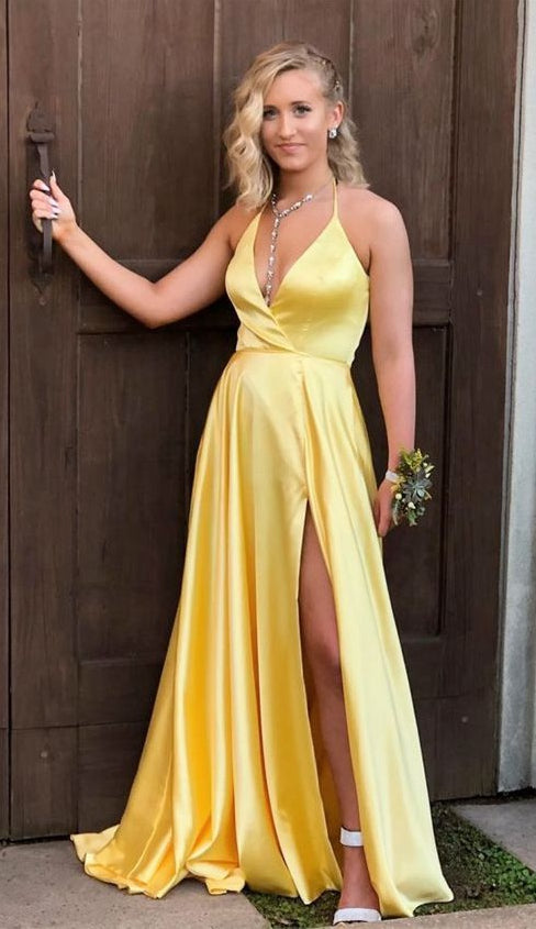 Sexy Yellow Prom Dress Slit Skirt, Special Occasion Dress, Evening Dress, Ball Dance Dresses, Graduation School Party Gown