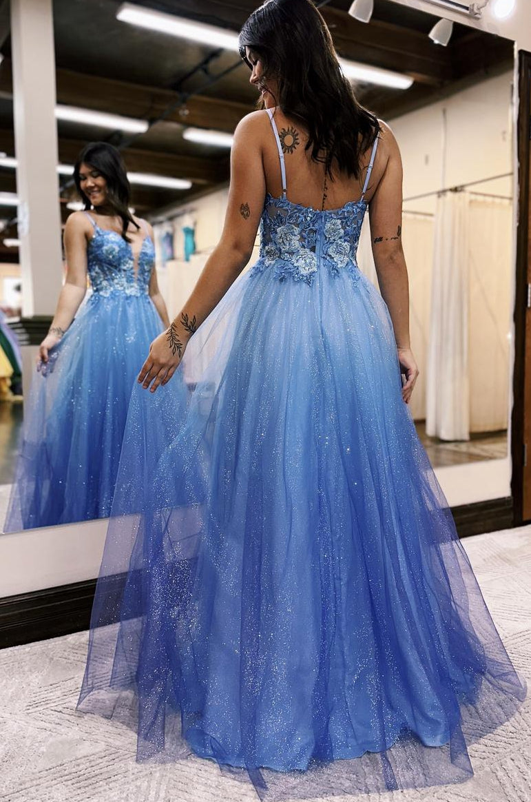 Sparkly Tulle Long Prom Dresses with Sheer Lace Bodice