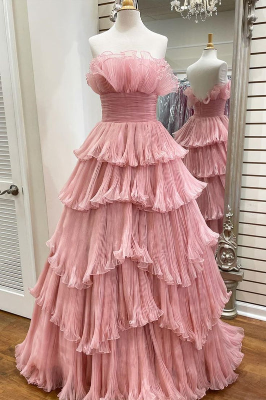 Princess Organza Pleated Long Prom Dress with Ruffle Tiered Skirt