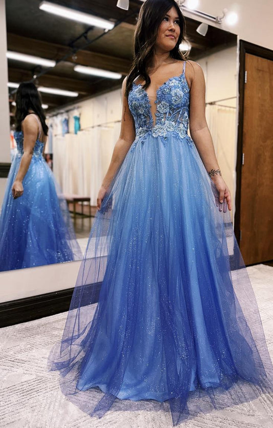 Sparkly Tulle Long Prom Dresses with Sheer Lace Bodice