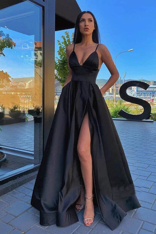 Straps Black Satin Prom Dress with Pocket and High Slit