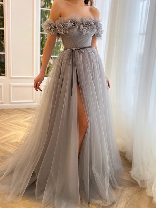 Off the Shoulder Tulle Prom Dresses Long with Flowers and Slit