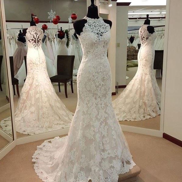 Lace Wedding Dress Halter Neckline, Bride Dress, Bridal Gown ,Dresses For Brides