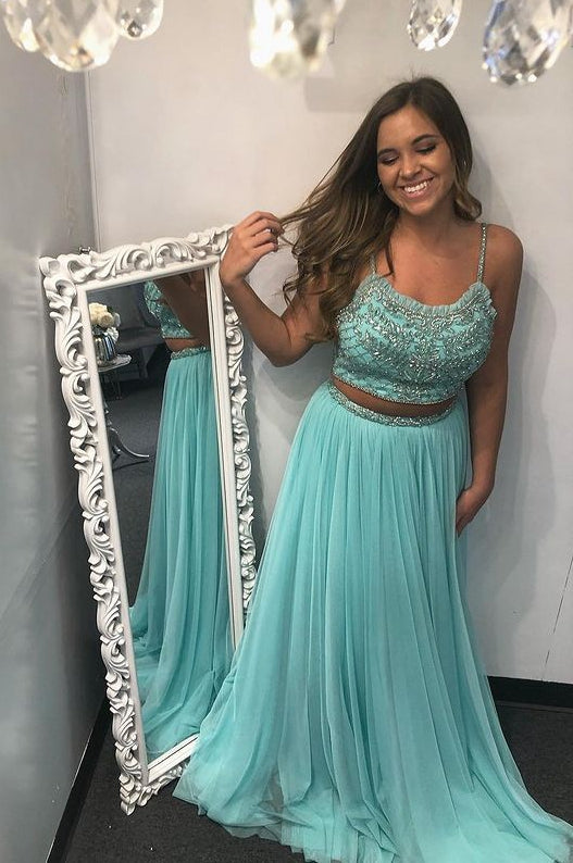 Two Pieces Long Prom Dress with Beading,Prom Dresses,Pageant Dress