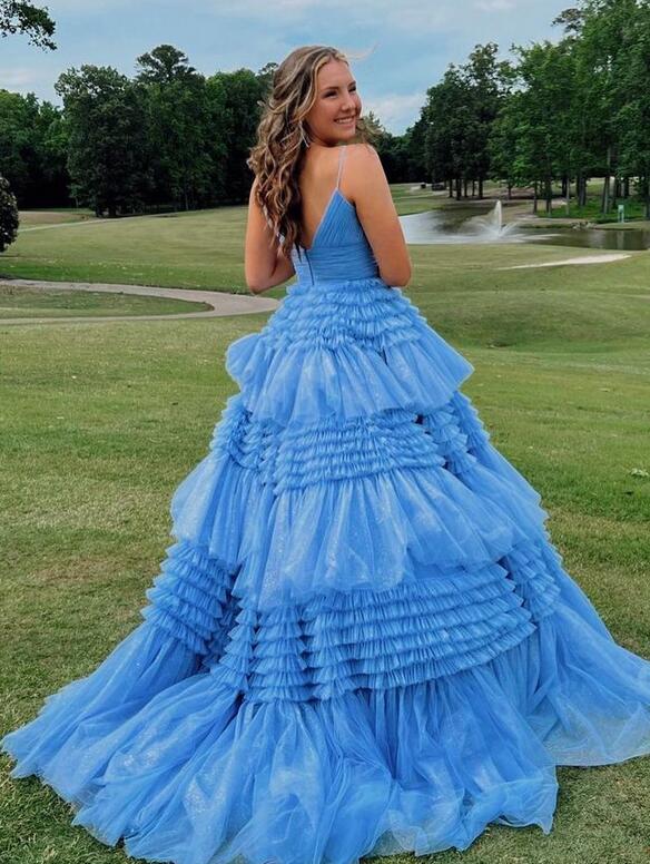 Straps Sparkly Tulle Prom Dress with Tiered Ruffle Skirt and Ruched Bodice,V Neckline Wedding Dress