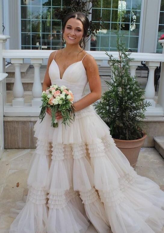 Straps Sparkly Tulle Prom Dress with Tiered Ruffle Skirt and Ruched Bodice,V Neckline Wedding Dress