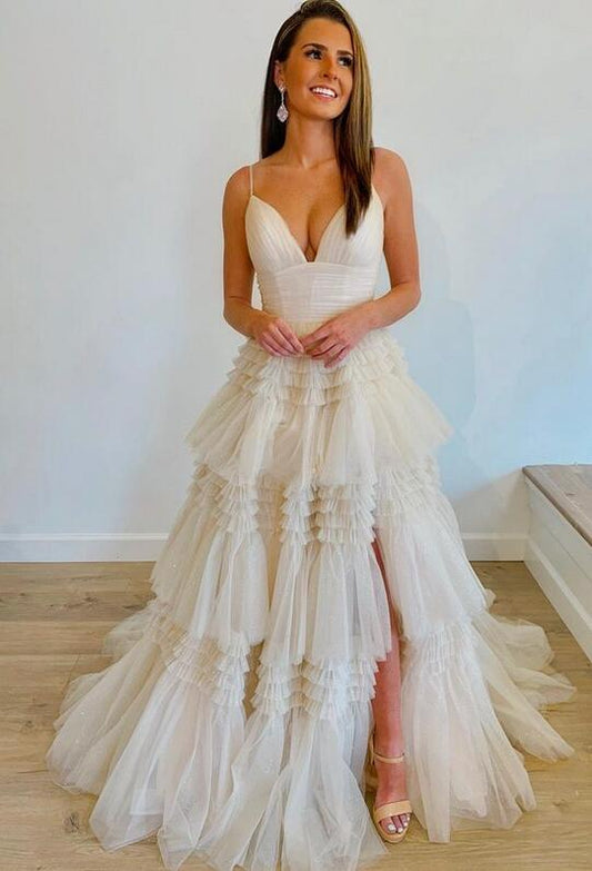 Sexy Sparkly Prom Dress Slit Skirt Deep V Neckline Wedding Dress DT1300