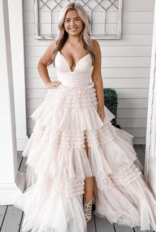 Straps Sparkly Tulle Prom Dress with Tiered Ruffle Skirt and Ruched Bodice,V Neckline Wedding Dress