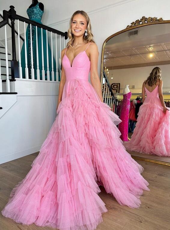 2024 Unique Spaghetti Straps Tulle Prom Dresses with Ruffle Skirt
