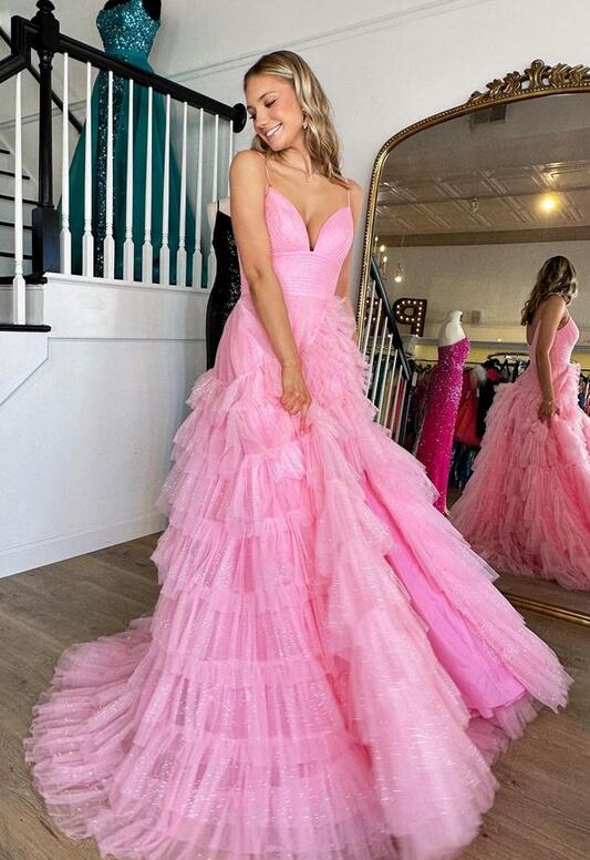2024 Unique Spaghetti Straps Tulle Prom Dresses with Ruffle Skirt