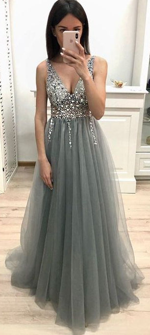 Silver Grey Color Prom Dress Long, Dresses For Graduation Party, Evening Dress, Formal Dress