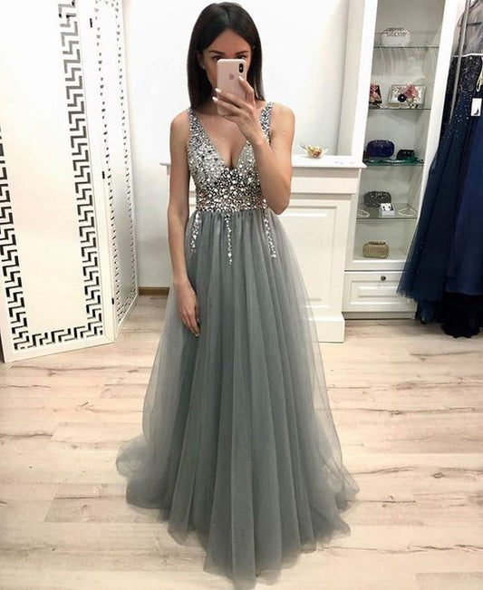 Silver Grey Color Prom Dress Long, Dresses For Graduation Party, Evening Dress, Formal Dress