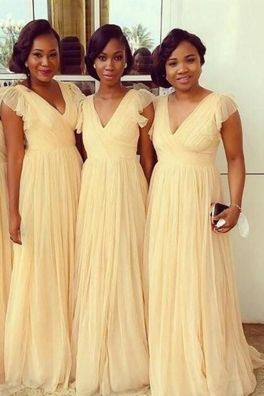 A-line V-Neck Bridesmaid Dress with Ruffle Sleeves,Wedding Party Dresses