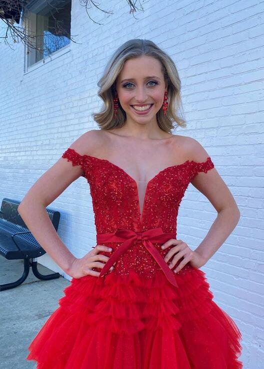 Off the Shoulder Lace Corset Long Prom Dresses with Ruffle Tulle Skirt