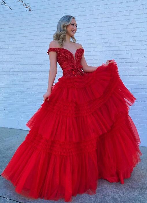 Off the Shoulder Lace Corset Long Prom Dresses with Ruffle Tulle Skirt