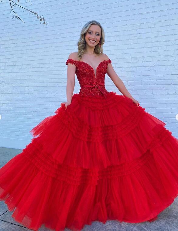 Off the Shoulder Lace Corset Long Prom Dresses with Ruffle Tulle Skirt