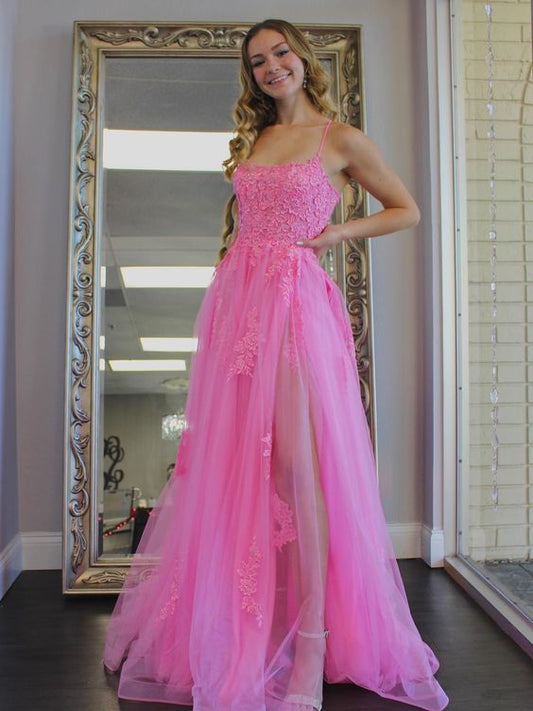 Straps Prom Dresses Long with Slit and Lace-up Back