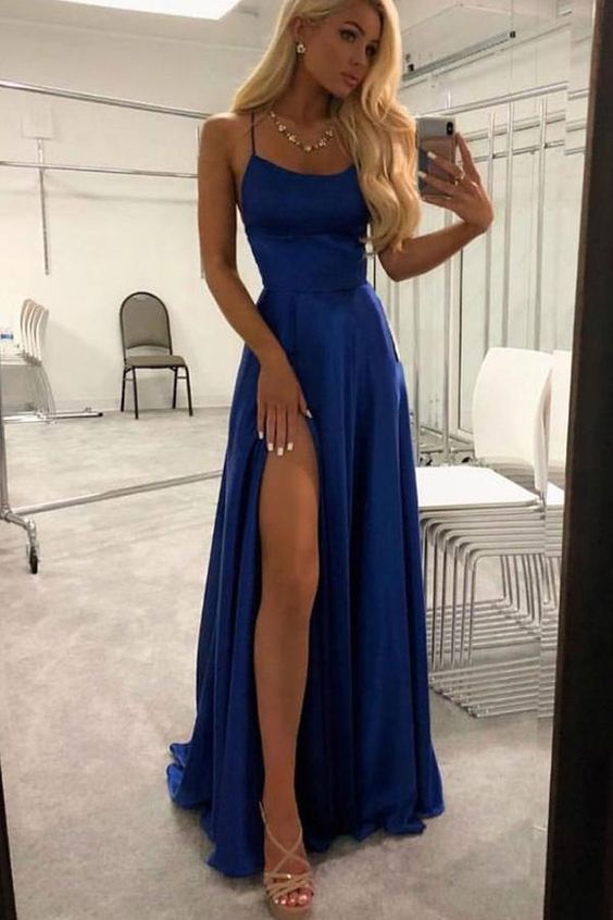 Simple Royal Blue Spaghetti Straps Open Back Long Prom Dresses With Slit,Formal Dresses,Dance Dress