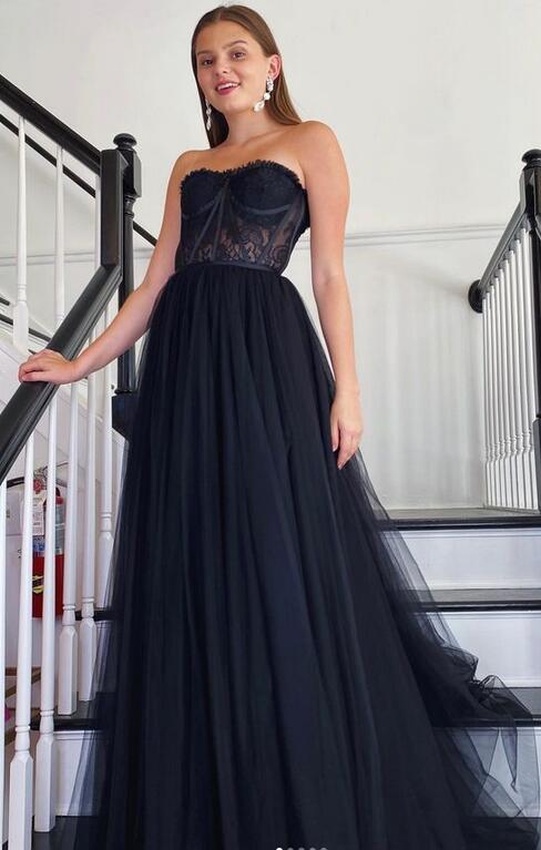 Strapless Black Prom Dresses Long, Sexy Graduation School Party Gown