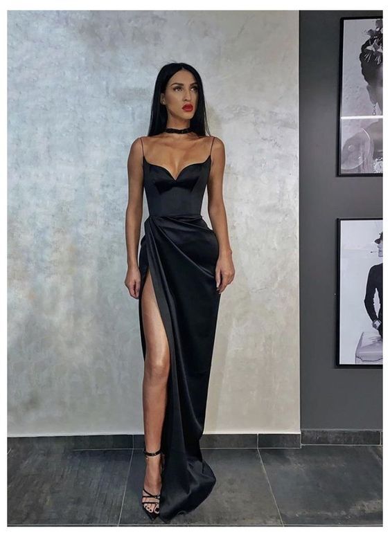 Sexy Sheath Sweetheart Black Silk Satin Long Prom Dresses with