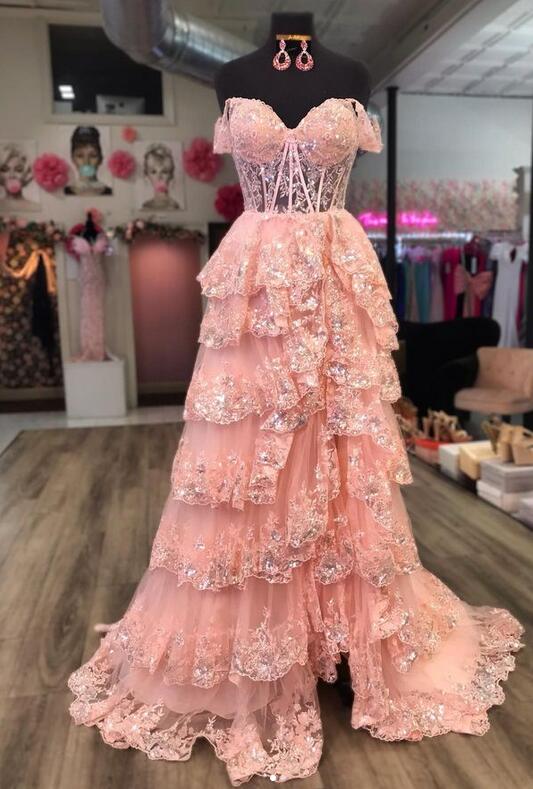 Tulle Sequin Long Prom dress with Sheer Corset Bodice and Ruffle Skirt