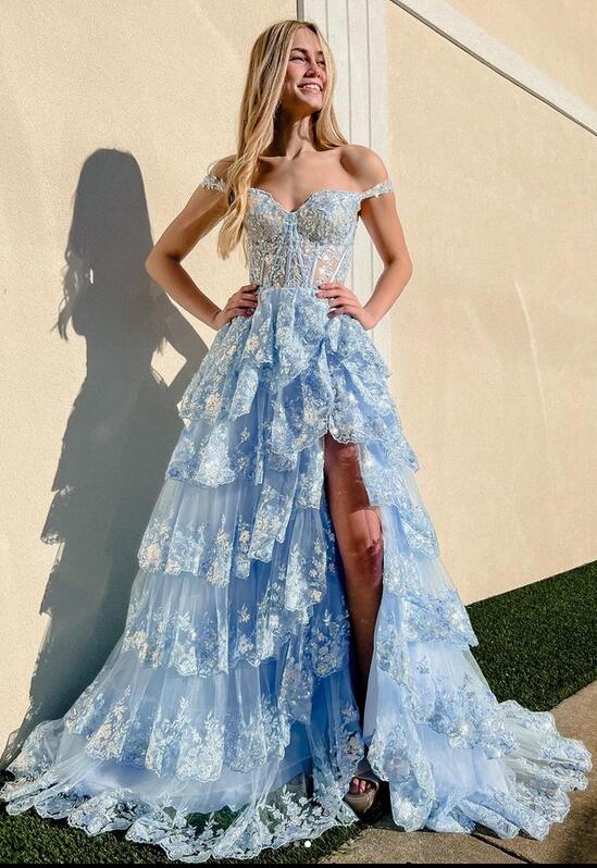 Tulle Sequin Long Prom dress with Sheer Corset Bodice and Ruffle Skirt ...