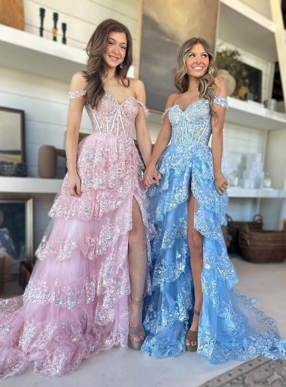 Tulle Sequin Long Prom dress with Sheer Corset Bodice and Ruffle Skirt