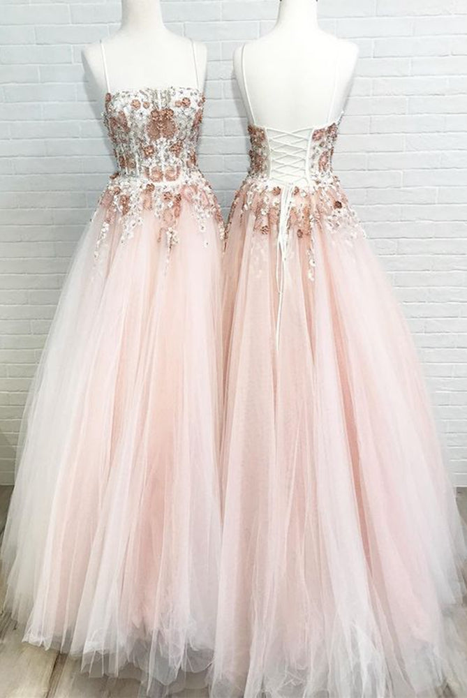 Ball Gown Tulle Long Prom Dresses with Appliques and Beading
