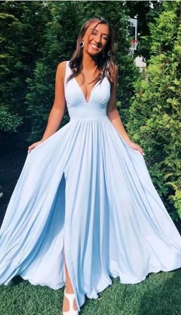 Simple Blue V-neck Long Prom Dress,Formal Dresses,Dance Dress