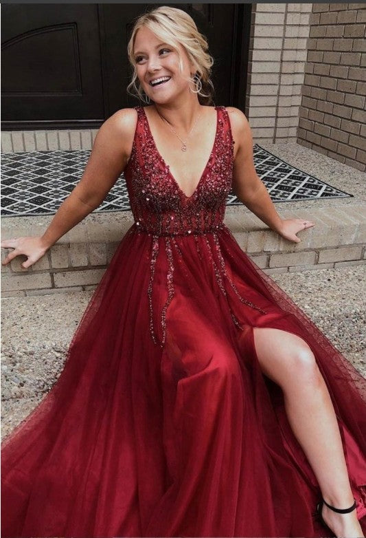 V Neckline Prom Dress with Slit, Prom Dresses, Pageant Dress, Evening Dress, Ball Dance Dresses, Graduation School Party Gown