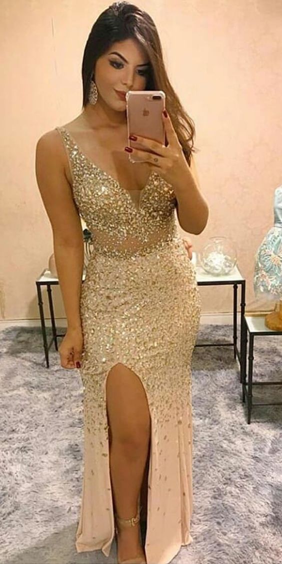 Sexy Champagne Gold Prom Dress, Prom Dresses, Pageant Dress, Evening Dress, Dance Dresses, Graduation School Party Gown