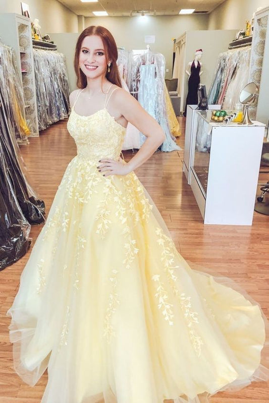 Yellow Lace Prom Dress Long, Prom Dresses, Pageant Dress, Evening Dress, Ball Dance Dresses, Graduation School Party Gown