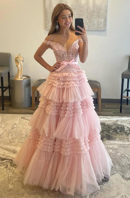 2024 Off the Shoulder Prom Dresses Long with Lace Top and Ruffle Skirt