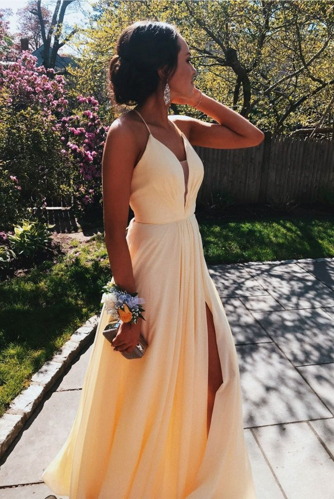 Yellow Prom Dress with Slit, Prom Dresses, Pageant Dress, Evening Dress, Ball Dance Dresses, Graduation School Party Gown DT0658